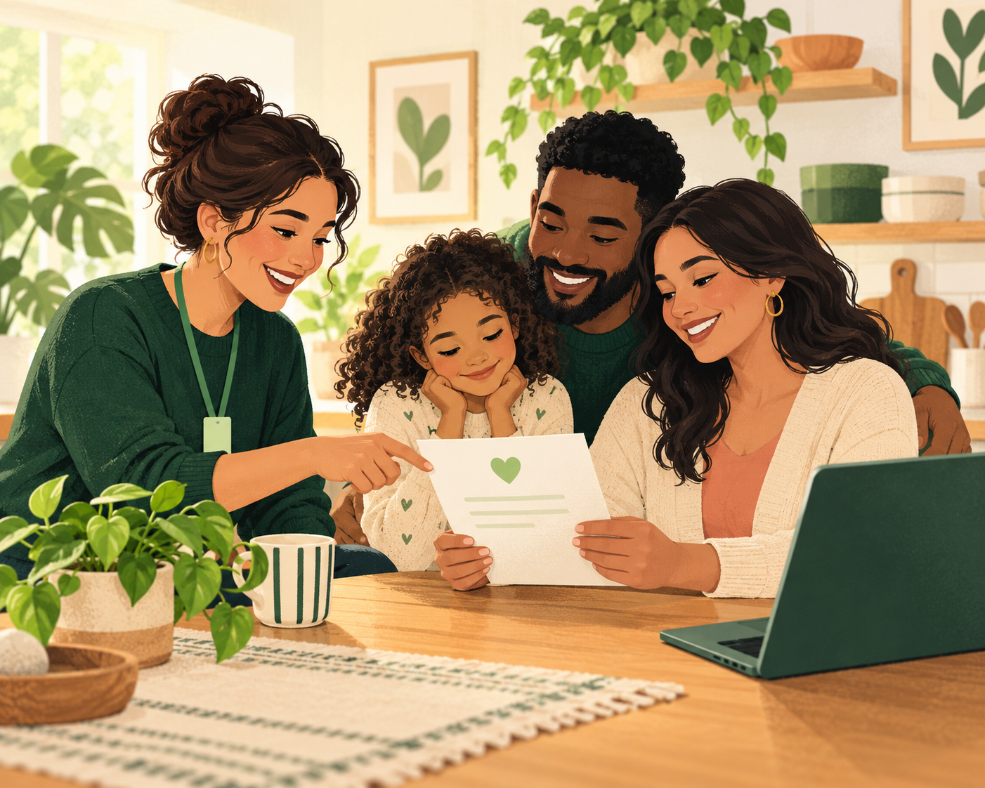Illustration of a community organizer and family reviewing a donation receipt together